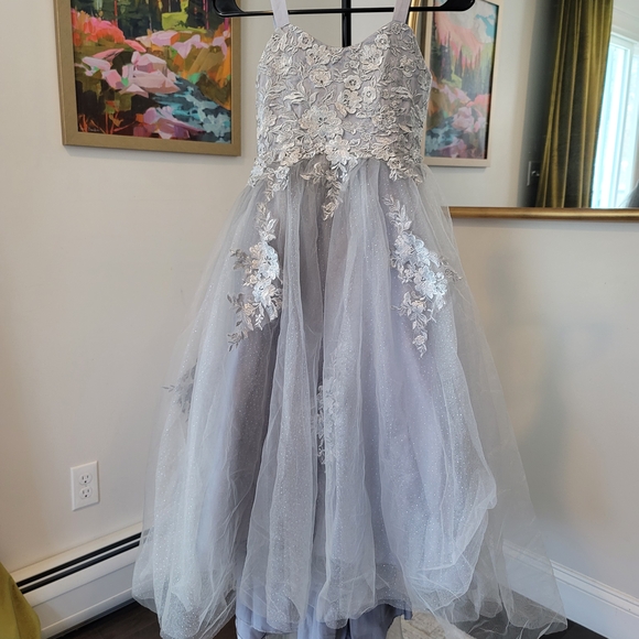 Beautiful Silver Lace Tulle Party Dress Girls Size 5 - Picture 2 of 5
